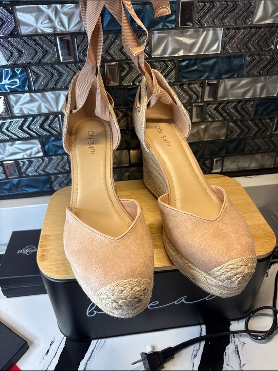 ON 34th Shoes - On-34th Blush Espadrille Wedge Sandals with Ankle Tie